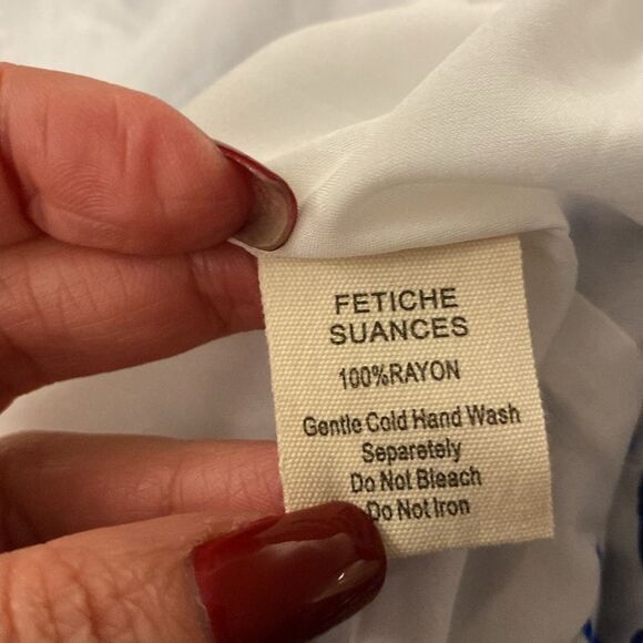 Fetiche Suances Blue and White Floral wrap mini Dress, L - Picture 16 of 16